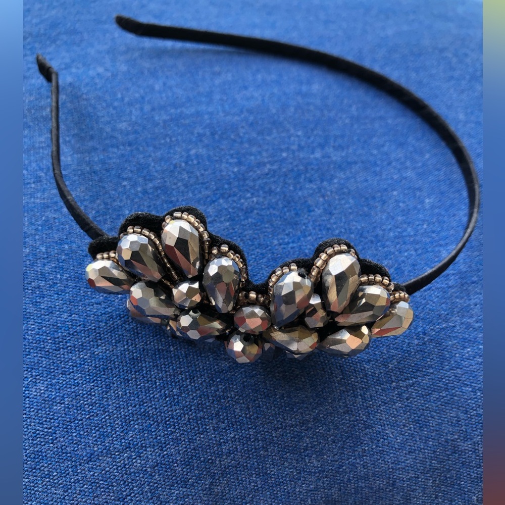 Ann Taylor Black Velvet Headband with Faceted Gunmetal Crystal Beads